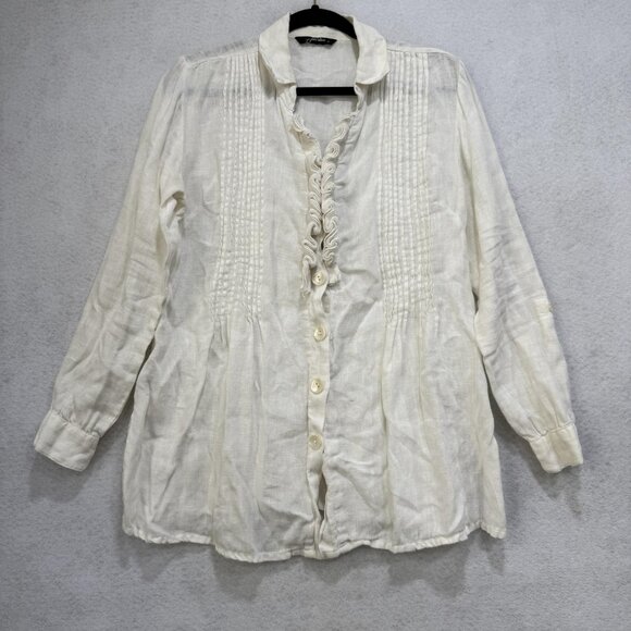 Paper Lace Shirt Womens Small White Linen Button Front Long Sleeve Ruffle Top - Picture 1 of 12